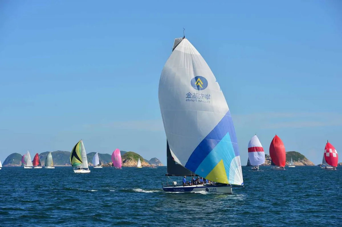 Boats sailing downwind during Race-9 of the Quest Yachting Typhoon Series on Saturday Aug 23, 2014. (Bill Cox/Epoch Times)