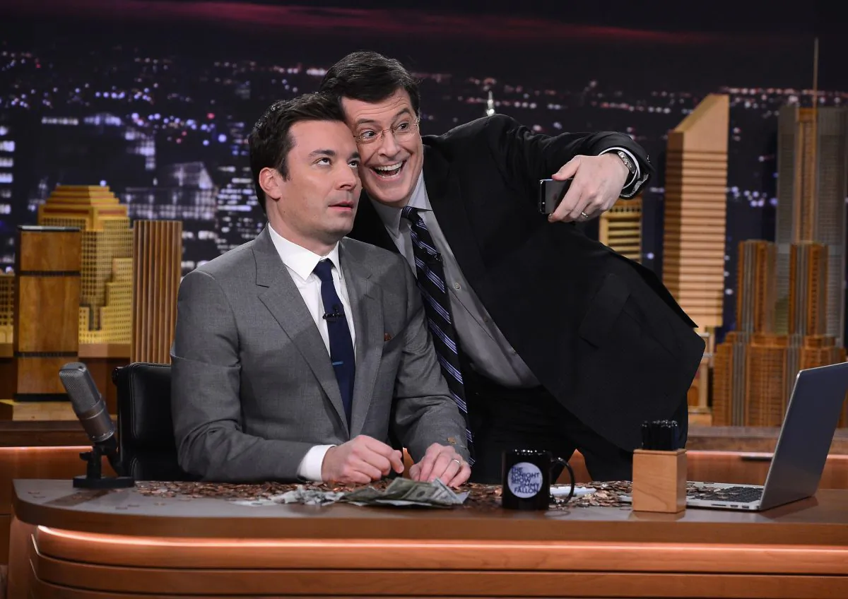 Stephen Colbert (R) visits “The Tonight Show Starring Jimmy Fallon” at Rockefeller Center in New York City on Feb. 17, 2014. (Theo Wargo/Getty Images for The Tonight Show Starring Jimmy Fallon)