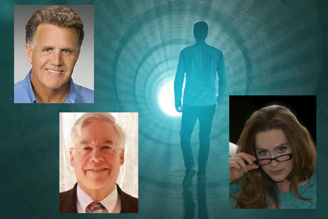 A panel of healthcare workers discussed as part of a panel at the IANDs 2014 Conference how near-death experiences are received by their colleagues. Among the panelists were Dr. J. Timothy Green (top left), Lee Witting (moderator, bottom left), and Erica McKenzie (right). (Background image via Shutterstock*)