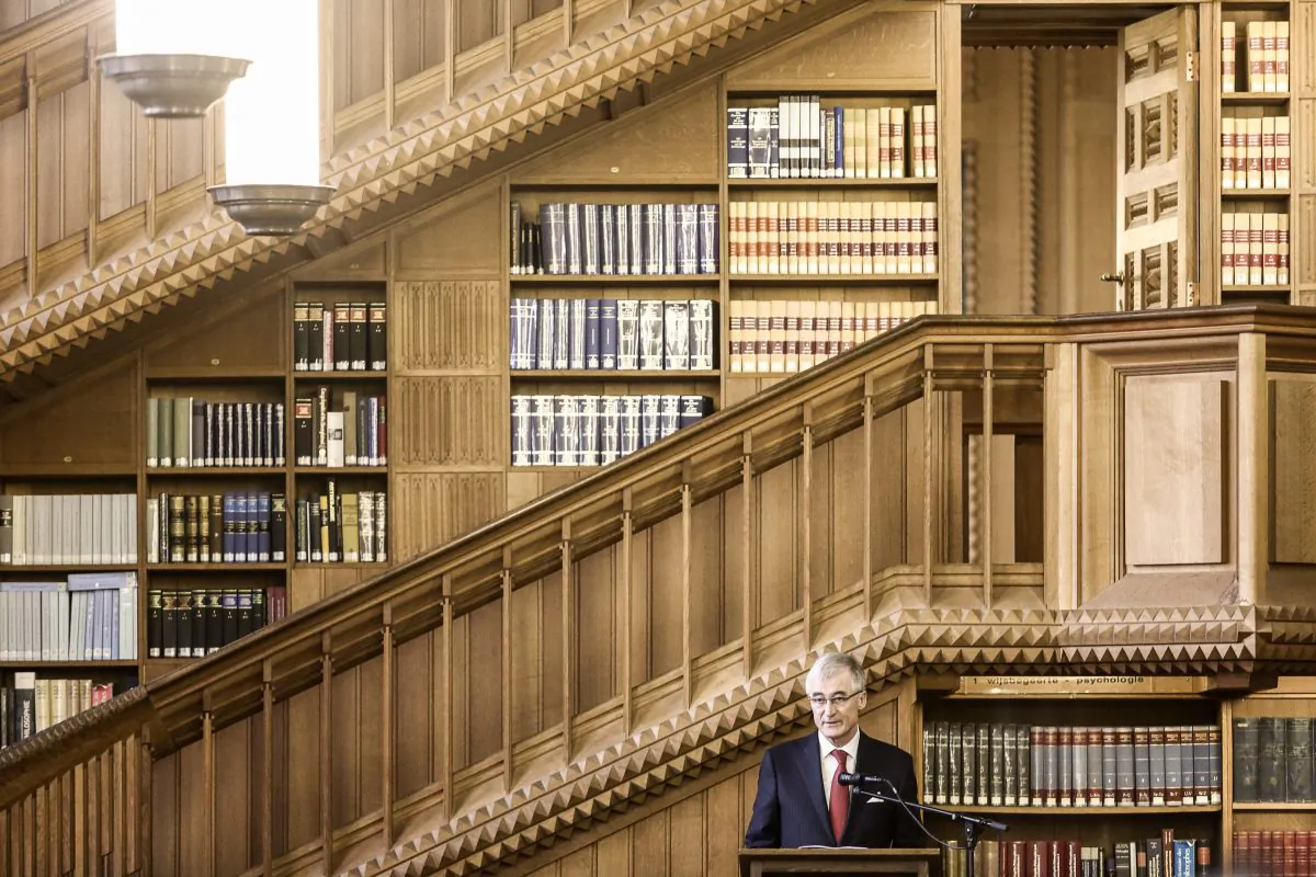 Flemish Minister of Domestic Policy, Integration and Tourism Geert Bourgeois delivers a speech during the opening of the renovated tower of the Louvain university library, on January 6, 2014, in Louvain. (Siska Gremmelprez/AFP/Getty Images)