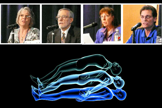 (L-R) Jan Holden, Robert Mays, Suzanne Mays, and Mitch Liester speak at the IANDS 2014 Conference on Aug. 29, 2014. The panel discussion topic was "Next Directions in NDE Research." (Tara MacIsaac/Epoch Times; Background conceptual image of a near-death experience via Shutterstock*)