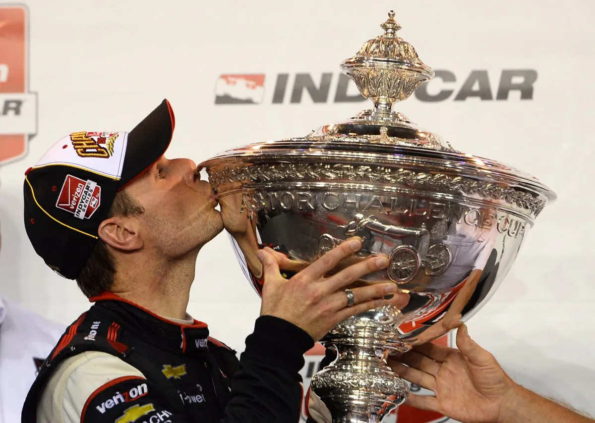 Will Power, driver of the #12 Team Penske Dallara Chevrolet, celebrates after winning the 2014 IndyCar Championship during the Verizon IndyCar Series MAVTV 500 at Auto Club Speedway on August 30, 2014 in Fontana, California. (Robert Laberge/Getty Images)