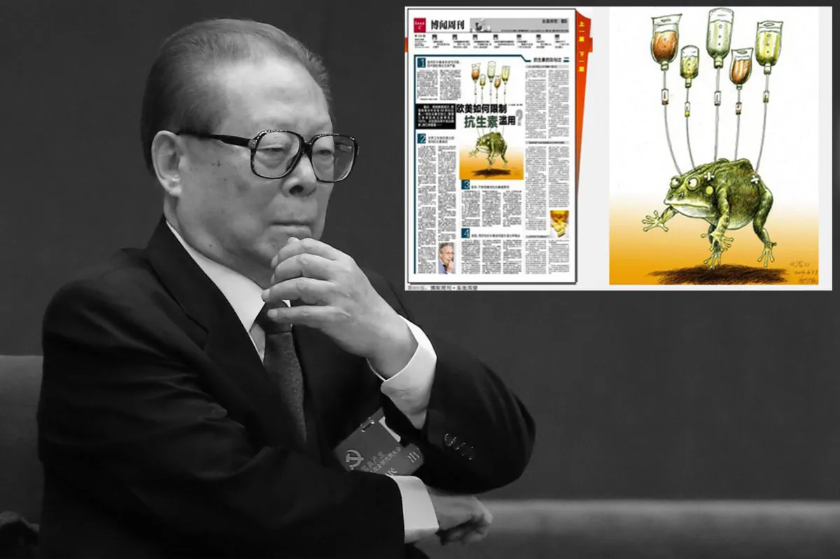 Background: Former Chinese Communist Party head Jiang Zemin attends the opening session of the 18th National Congress at the Great Hall of the People on Nov. 8, 2012, in Beijing, China. At that Congress Xi Jinping, who has pursued members of Jiang's faction with corruption charges for 20 months, was installed. (Feng Li/Getty Images) Top right: The front page of the Aug. 30, 2014, Yangcheng Evening News is seen next to a close up of the toad cartoon. Netizens interpreted this front page as mockery of the former Communist Party leader Jiang Zemin. (Epoch Times)