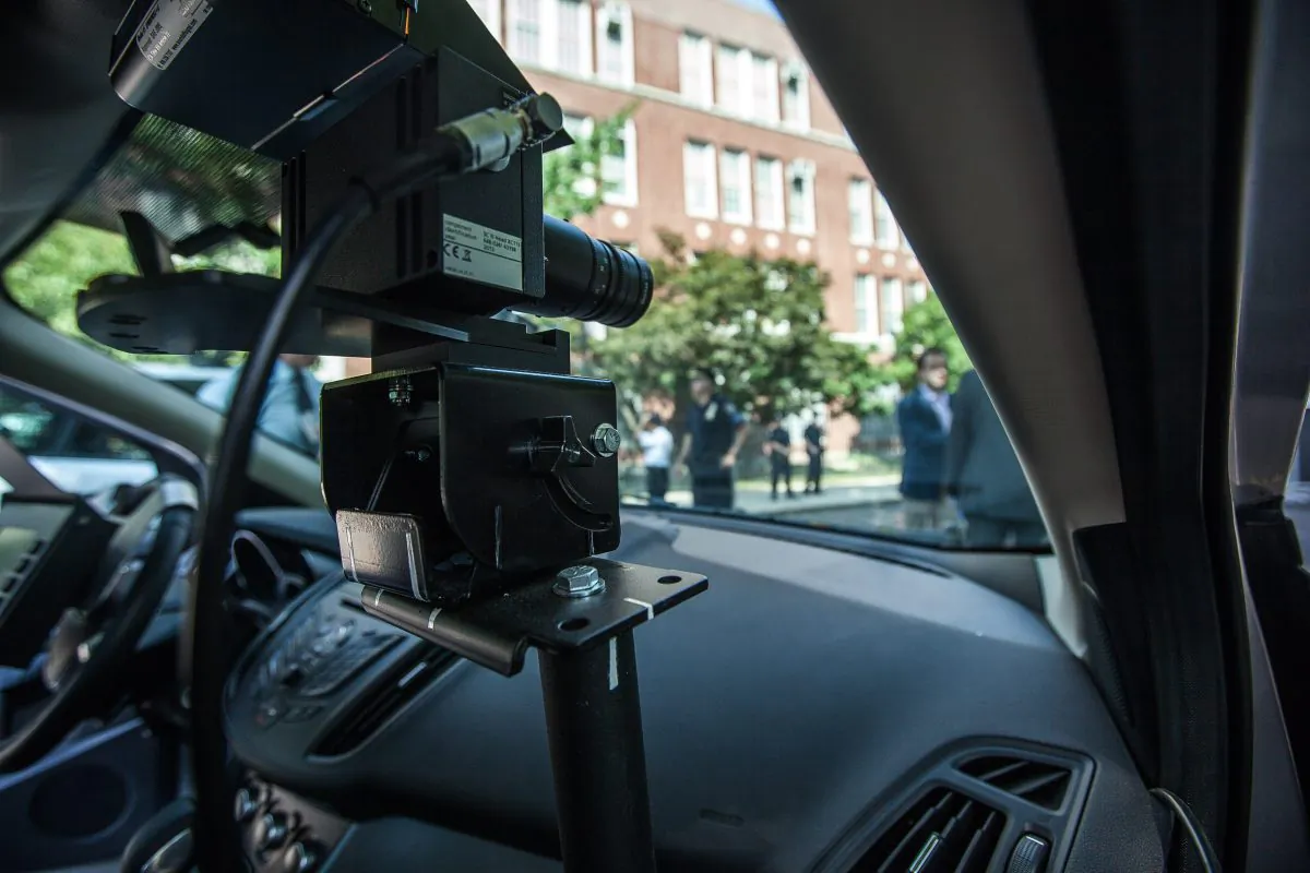 A camera mounted inside of a Transportation Department vehicle equipped with a speed radar, as shown at New York City Mayor Bill de Blasio's press conference in the Bronx, New York, on Tuesday, Sept. 2, 2014. (Petr Svab/Epoch Times)