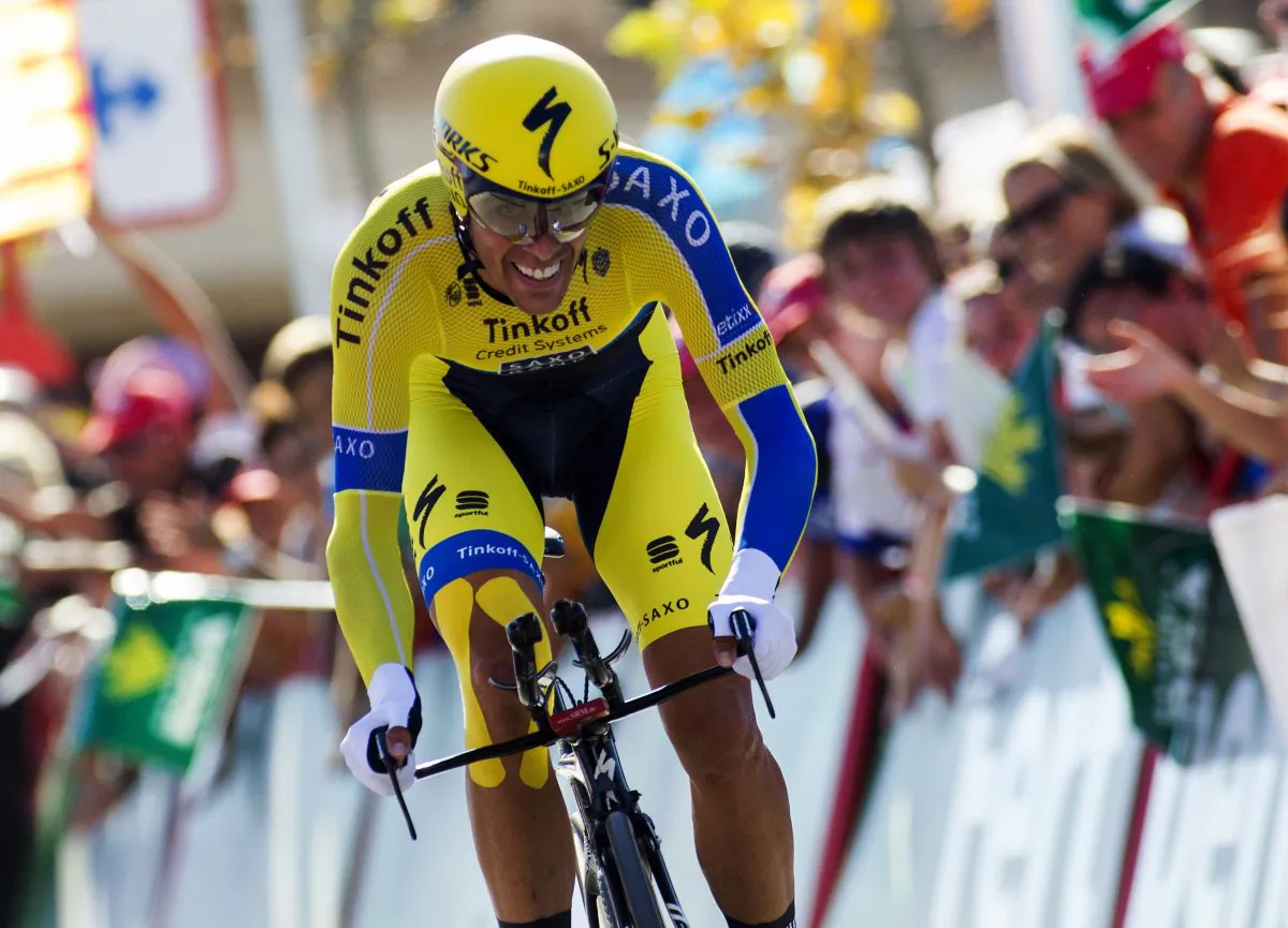 Tinkoff's Alberto Contador crosses the finish line of the Stage Ten of the Vuelta a España, a 36,7 km individual time trial from Real Monasterio de Sta. Maria de Veruela to Borja on September 2, 2014. ( Jaime Reina/AFP/Getty Images)