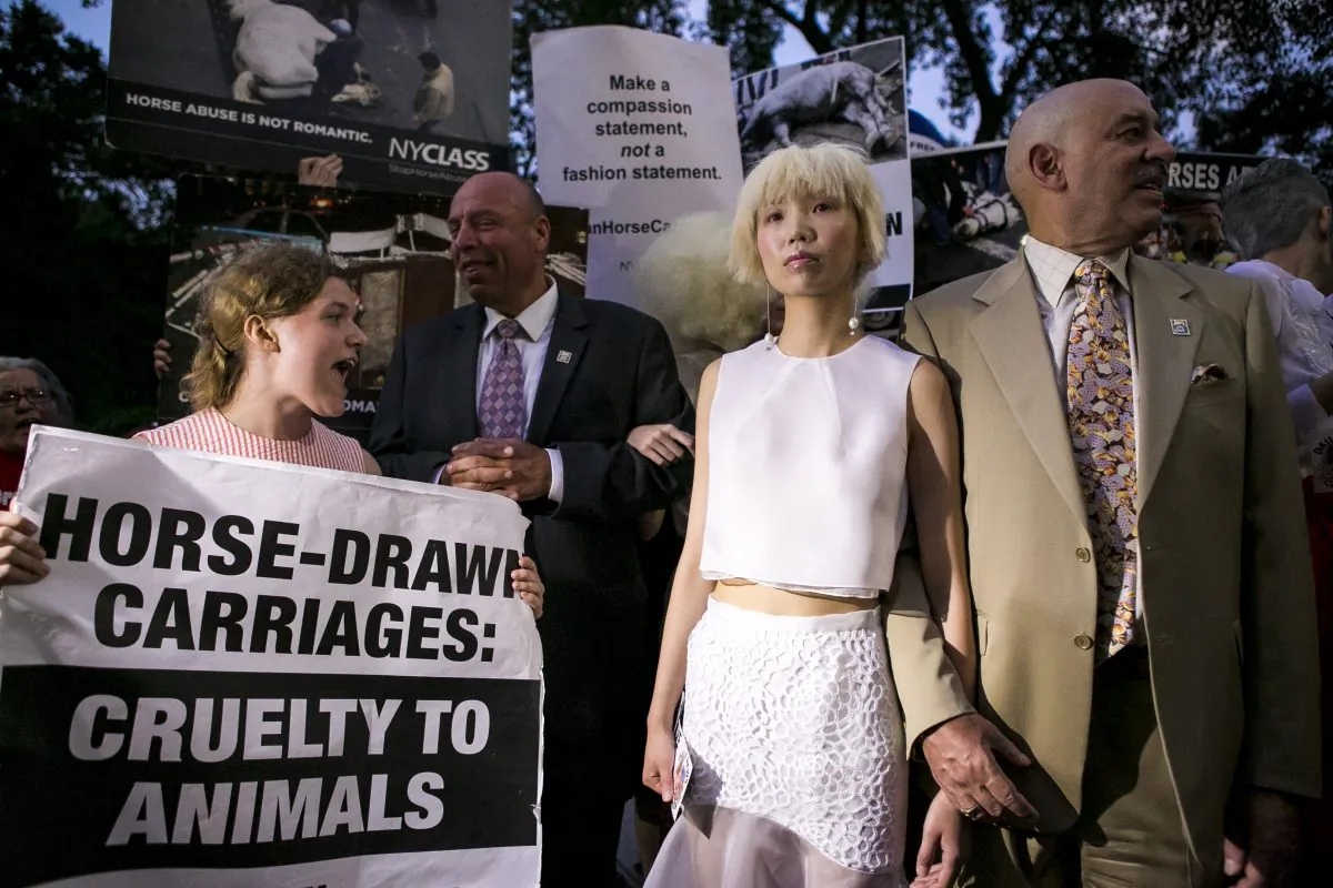 Horse-drawn carriage protesters rally near Central Park on Sept. 3, 2014 ahead of Victor de Souza's Fashion Week opening show, which includes models on horse-drawn carriages. (Samira Bouaou/Epoch Times)