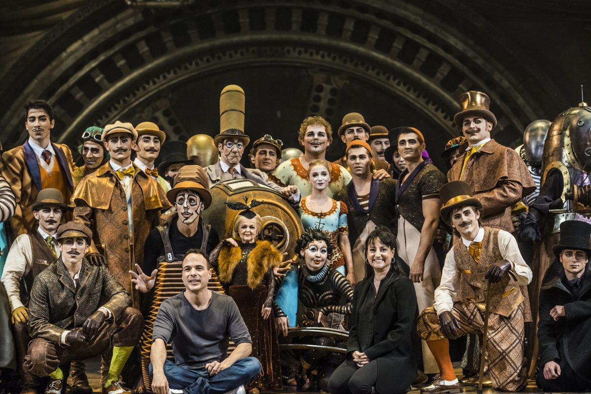 Writer/director Michel Laprise (L) with director of creation Chantal Tremblay and the cast of Cirque du Soleil's "Kurios: Cabinet of Curiosities." (Martin Girard shootstudio.ca)