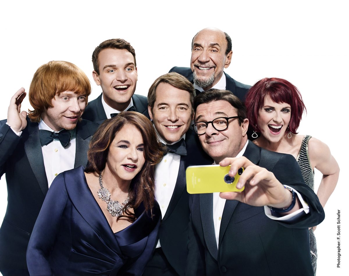 The cast of “It’s Only a Play”: Front row (L–R) Stockard Channing, Matthew Broderick, Nathan Lane; Back row (L–R) Rupert Grint, Micah Stock, F. Murray Abraham, and Megan Mullally taking a selfie. (F. Scott Schafer)