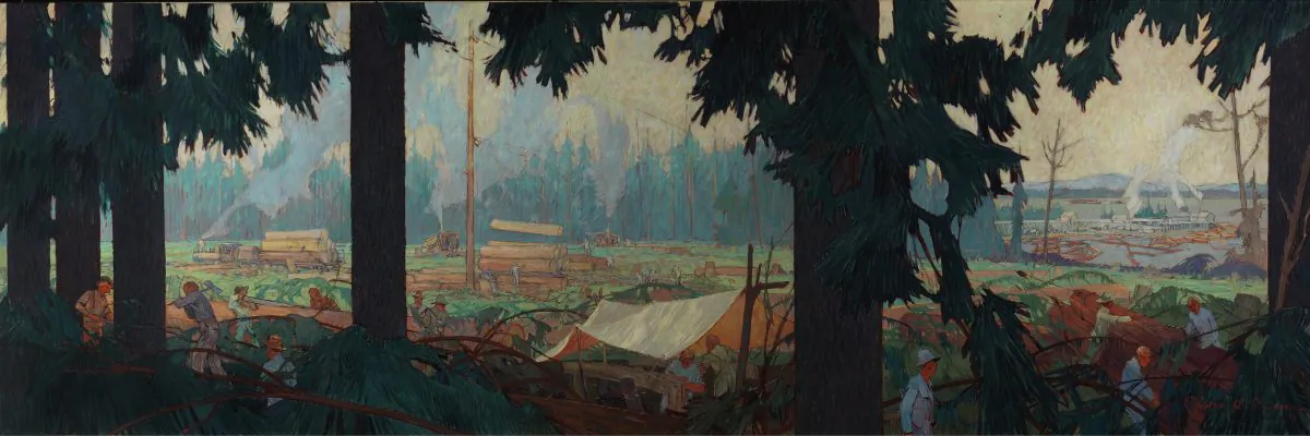 "Lumbering Aeroplane Spruce in B.C." by Charles Simpson, 1919. (Courtesy of Canadian War Museum)