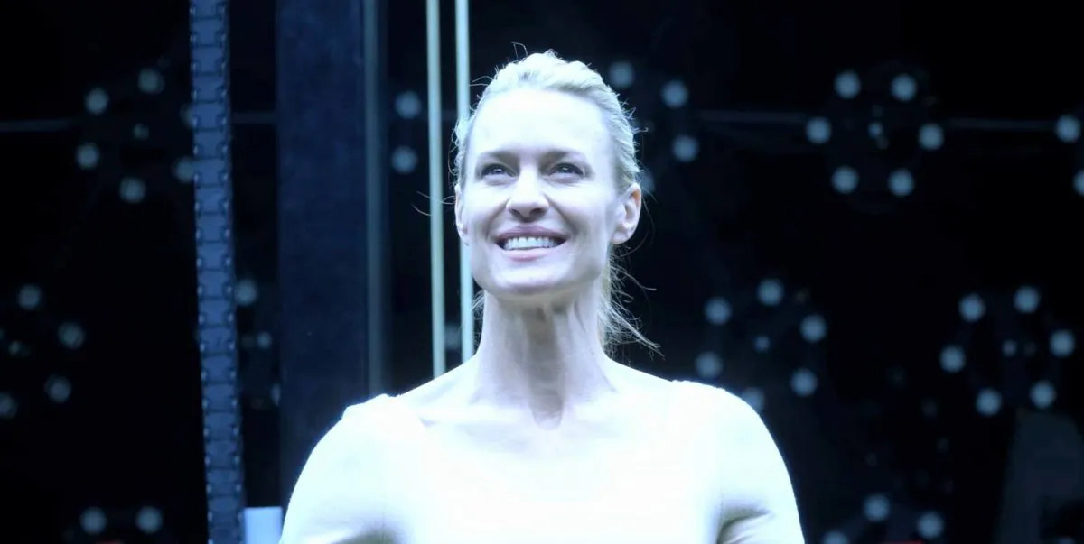 Robin Wright, playing herself as a struggling actress in “The Congress,” smiles as her emotions are extracted to be used as animations. (Drafthouse Films)
