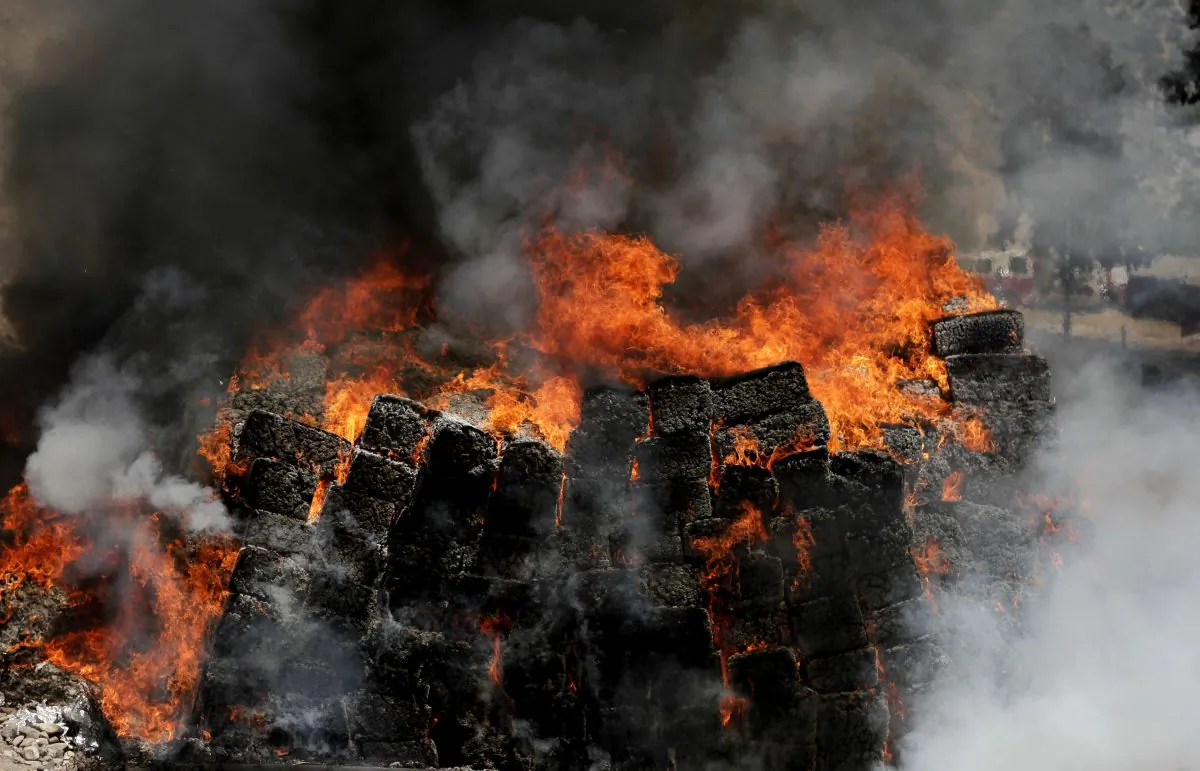 View of forty tons of marijuana seized to alleged drug cartels in a house of the bordering city of Tijuana, Baja California, Mexico being burned by the Mexican Army at their training camp in El Aguaje de La Tuna, Tijuana, Mexico, on May 16, 2014. According to the Interior Ministry, this is the largest seizure of marijuana so far this administration. (Alonso Rochin/AFP/Getty Images)