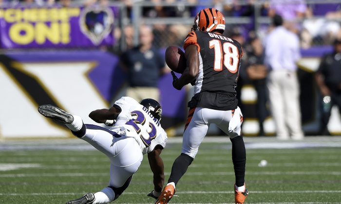 Cincinnati Bengals wide receiver A.J. Green (18) catches a 77-yard touchdown pass under pressure from Baltimore Ravens defensive back Chykie Brown (23) during the second half of an NFL football game in Baltimore, Md., Sunday, Sept. 7, 2014. The Bengals defeated the Ravens 23-16. (AP Photo/Nick Wass)