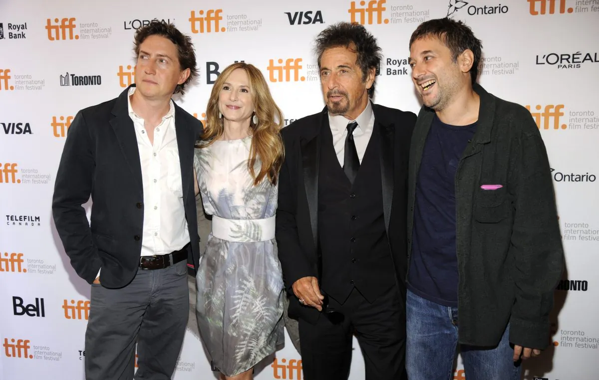 David Gordon Green, and from left, Holly Hunter, Al Pacino and Harmony Korine arrive at the premiere of "Manglehorn" on day 3 of the Toronto International Film Festival at the Winter Garden Theatre on Saturday, Sept. 6, 2014, in Toronto. (Photo by Chris Pizzello/Invision/AP)