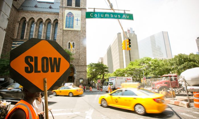 The intersection on Columbus Circle where a pedestrian was run over by a taxi on July 1, 2014. (Edward Dai/Epoch Times)