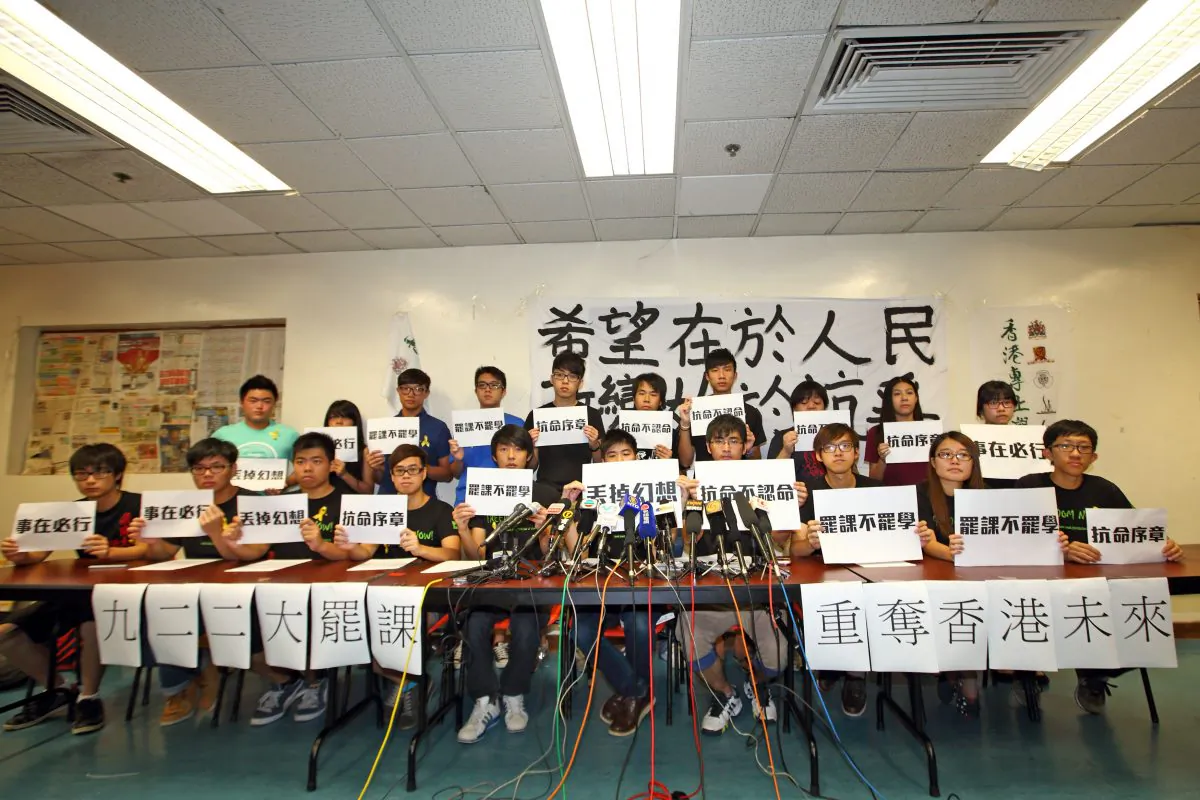 On Sept. 7, the Hong Kong Federation of Students officially announced that a weeklong boycott of classes will start on Sept. 22, in protest of the Chinese communist regime denying people in Hong Kong true universal suffrage. Students from 17 colleges and universities in Hong Kong will take part. (Poon Zaishu/Epoch Times)