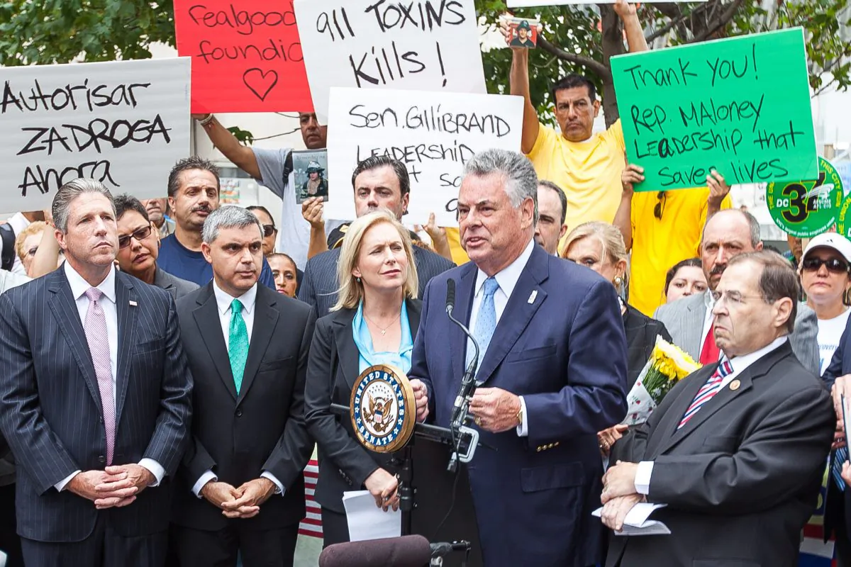 Congressman Peter King speaks at a press conference about compensation for 9/11 responders and victims in front of 7 World Trade Center, Manhattan, New York, Sept. 8, 2014. (Petr Svab/Epoch Times)