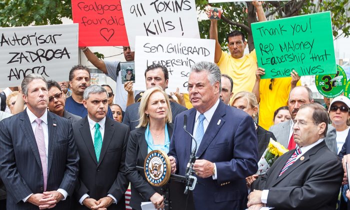 Congressman Peter King speaks at a press conference about compensation for 9/11 responders and victims in front of 7 World Trade Center, Manhattan, New York, Sept. 8, 2014. (Petr Svab/Epoch Times)