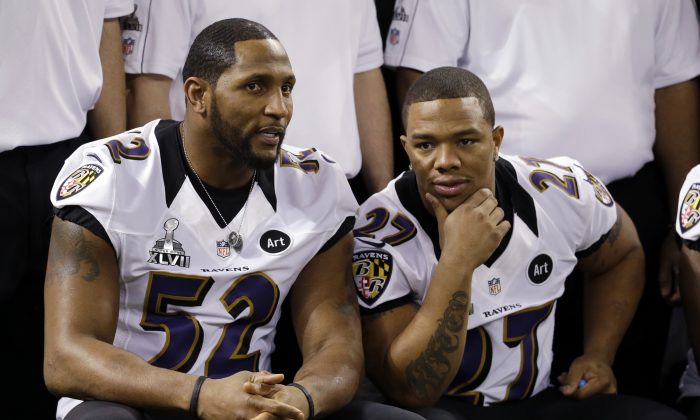Ray Lewis and Ray Rice during media day for the NFL Super Bowl XLVII football game Tuesday, Jan. 29, 2013, in New Orleans. (AP Photo/Mark Humphrey)