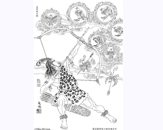 Yi shoots down nine offending suns with a divine bow and arrows given him by the Queen Mother of the West. (Screenshot from Hillfox Art Series)