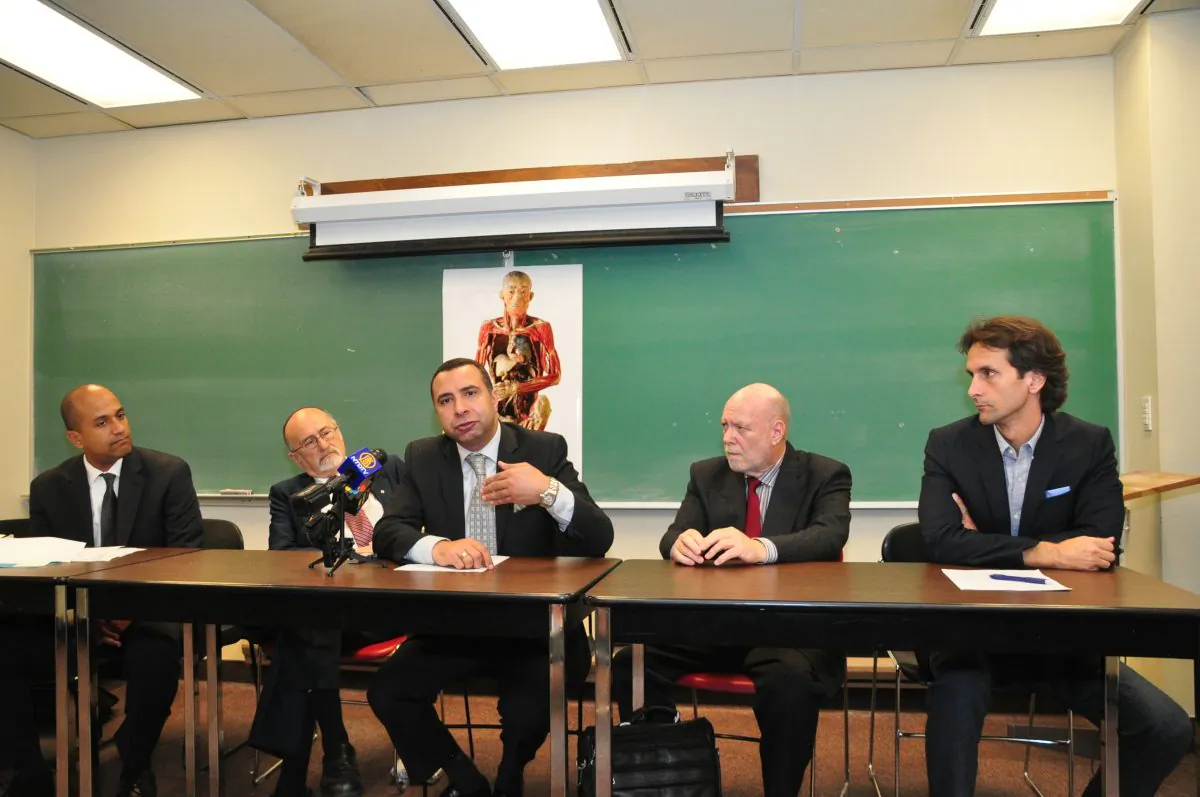 (L-R) Choose Humanity's lawyer Joel Etienne; Rabbi Reuven Bulka; Rev. Majed El Shafie, founder of One Free World International; Sanderson Layng, president of the Canadian Centre for Abuse Awareness; and Choose Humanity spokesperson Joel Chipkar hold a press conference in Toronto on Sept. 9, 2014. (Allen Zhou/Epoch Times)