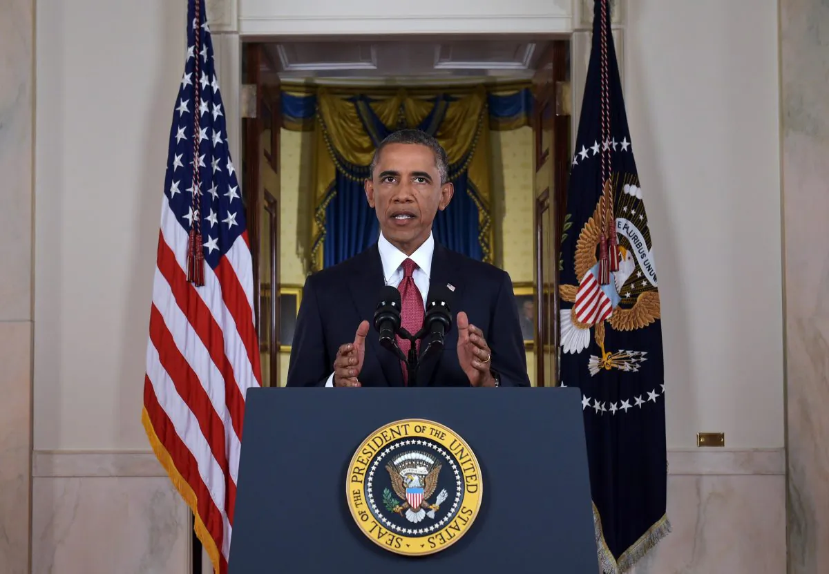 President Obama delivers a prime time address from the Cross Hall of the White House, vowing to target the Islamic State with air strikes, in Washington, on Wednesday, Sept. 10, 2014. (Saul Loeb/AFP/Getty Images)