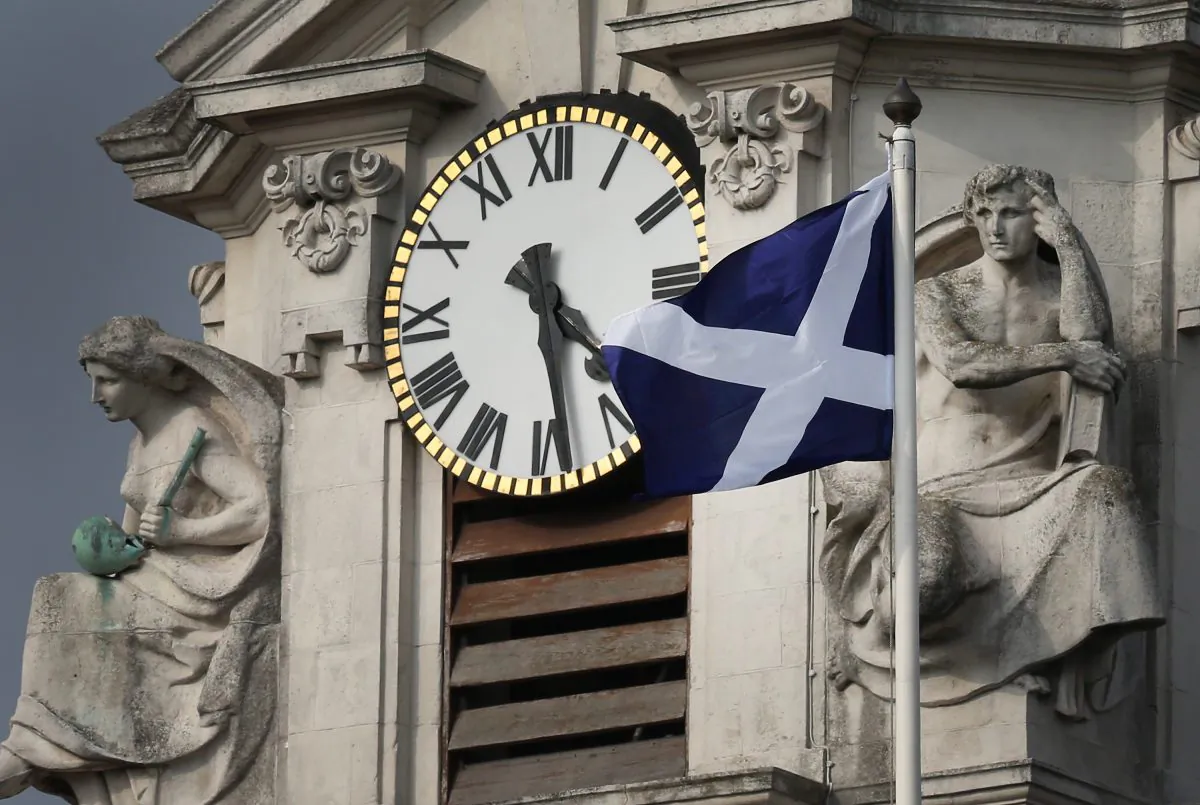 A Scottish Saltire flag flies over Lambeth Town Hall on Sept. 10, 2014, in London, England. English councils and national government buildings have been asked to fly the national flag of Scotland. Scottish voters will take part in a referendum on Sept. 18, 2014, to decide on independence. (Peter Macdiarmid/Getty Images)