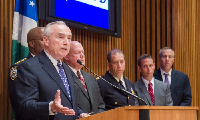New York City police commissioner William J. Bratton is at a press conference at the NYPD headquarters in Manhattan, on June 4, 2014. Bratton testified at a City Council hearing on Monday, Sept. 8, 2014 to provide details on how he will re-train the police department in light of Eric Garner's chokehold death in July. (Benjamin Chasteen/Epoch Times)
