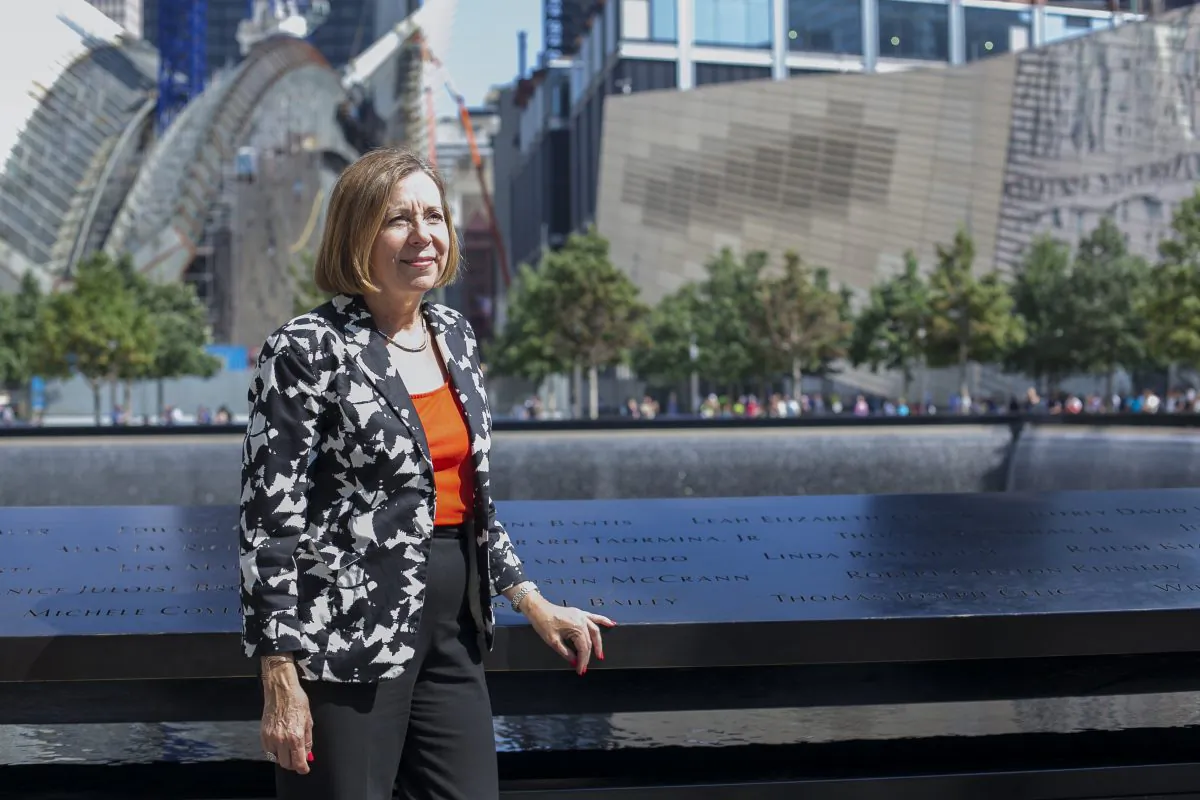 The 9/11 memorial museum director, Alice Greenwald in front of the North Pool at the memorial on  Aug. 19, 2014. (Samira Bouaou/Epoch Times)