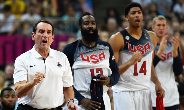 Head coach Mike Krzyzewski of the USA Basketball Men's National Team reacts during a 2014 FIBA Basketball World Cup semi-final match between USA and Lithuania at Palau Sant Jordi on September 11, 2014 in Barcelona, Spain. (Photo by David Ramos/Getty Images)