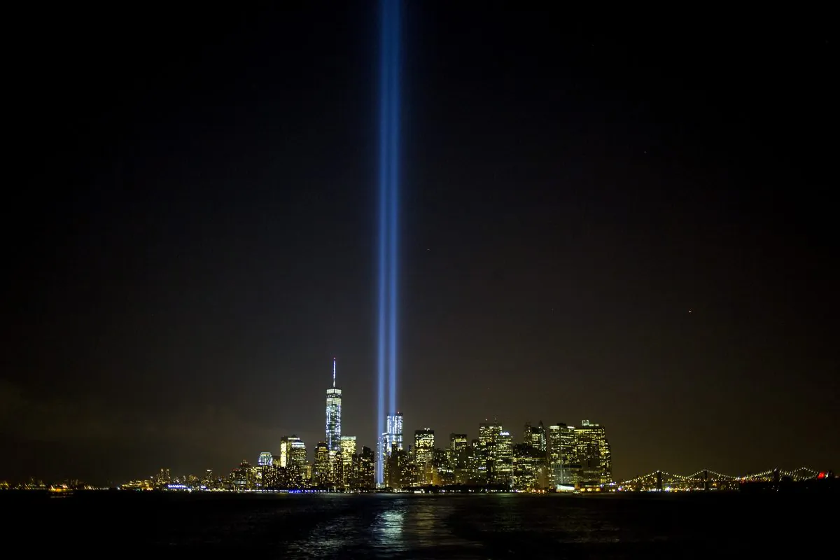 The "Tribute in Lights" shines on Sept. 11, 2014, in New York City. (Eric Thayer/Getty Images)