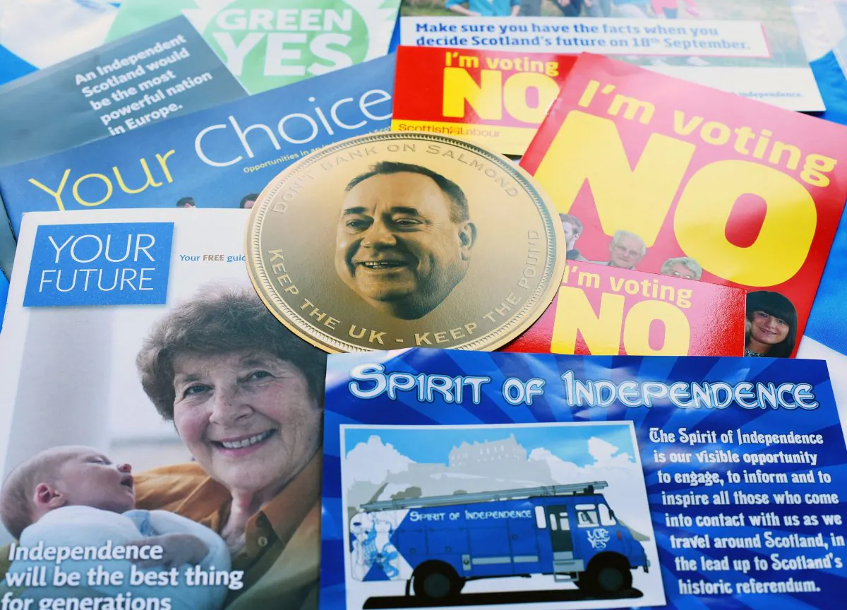 Scottish independence information leaflets are placed on a table on Aug. 25, 2014, in Glasgow, Scotland. The independence referendum will take place on Sept. 18. (Jeff J Mitchell/Getty Images)