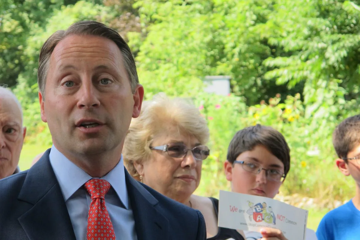 In this Sept. 2, 2014 file photo, Rob Astorino, the Republican candidate for governor of New York, answers a question at a news conference in Hawthorne, N.Y. (AP Photo/Jim Fitzgerald)