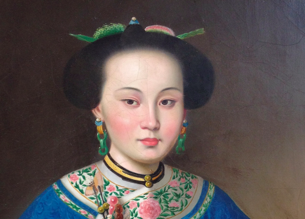 A closeup of a portrait of Qing Dynasty consort Xiang Fei, or the “Fragrant Concubine,” believed to be by Giuseppe Castiglione or follower. Collection of Dora Wong. (Christine Lin/Epoch Times)
