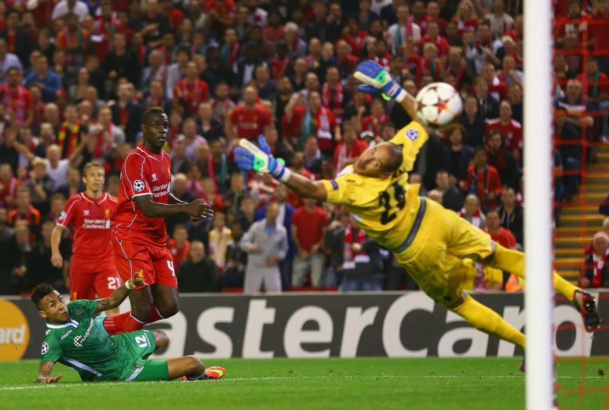 Mario Balotelli of Liverpool scores the opening goal past Milan Borjan of Ludogorets Razgrad in UEFA Champions League action at Anfield on Sept. 16, 2014 in Liverpool, England. (Clive Brunskill/Getty Images)