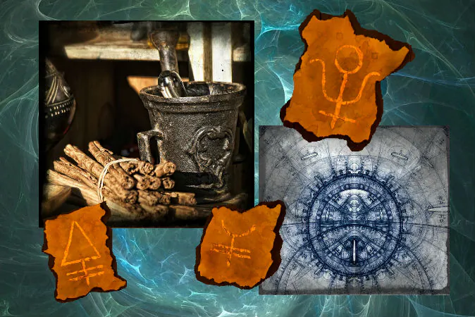 Concept images of alchemy tools and alchemical symbols. (All images via Shutterstock*)
