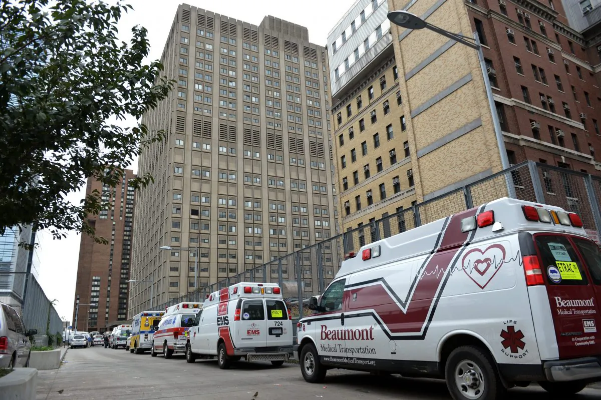 Ambulances line up prior to a planned evacuation at Bellevue Hospital in New York on Oct. 31, 2012. (Stan Honda/AFP/Getty Images)