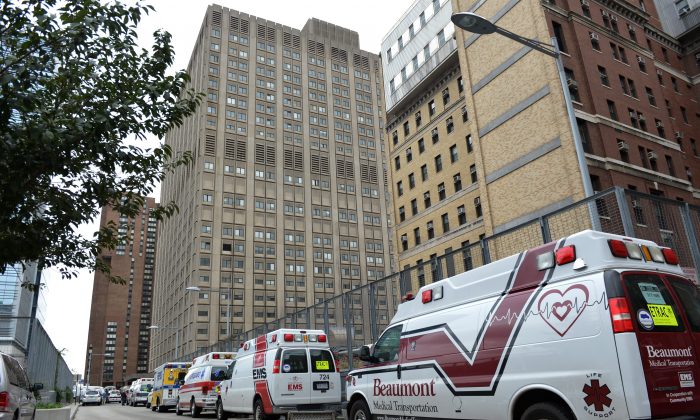 Ambulances line up prior to a planned evacuation at Bellevue Hospital in New York on Oct. 31, 2012. (Stan Honda/AFP/Getty Images)