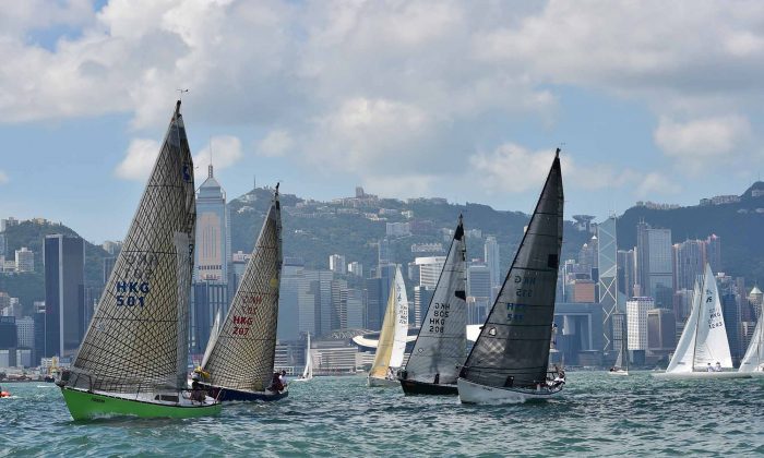 Ruffian Class Boats start at the Autumn Regatta in Victoria Harbour for Race-2 of the 3-Race event on Sunday Sept 14, 2014. The 2-boats on the left are ‘Helios’ and ‘Bandolero’ and on the right is ‘Diablo’ and winner of the Class ‘Victory 9'. (Bill Cox/Epoch Times)