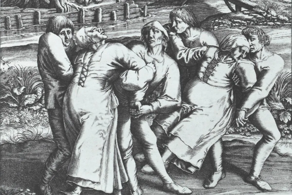 Engraving of Hendrik Hondius portraying three women affected by the ‘dancing plague.’ Work based on original drawing by Peter Brueghel, who supposedly witnessed an outbreak in 1564 in Flanders.  (Wikimedia Commons)