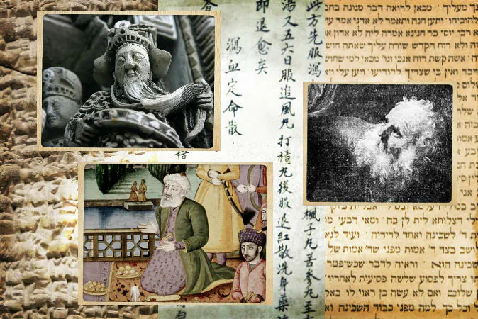 Top left: A carving on a Taoist temple; Taoist masters throughout history are said to have lived hundreds of years. (Shutterstock*) Bottom left: An illustration from “Shahnama,” a 10th century Persian poem listing lifespans for kings of hundreds of years and even over 1,000. (Wikimedia Commons) Right: A painting of the biblical figure, Abraham, by Rembrandt; Abraham is said to have far outlived the lifespan expected in modern humans. (Wikimedia Commons) Background: (L-R) An ancient Sumerian tablet (Wikimedia Commons), an ancient Chinese medical text (Defun/iStock/Thinkstock), and Hebrew writing (Shutterstock*)