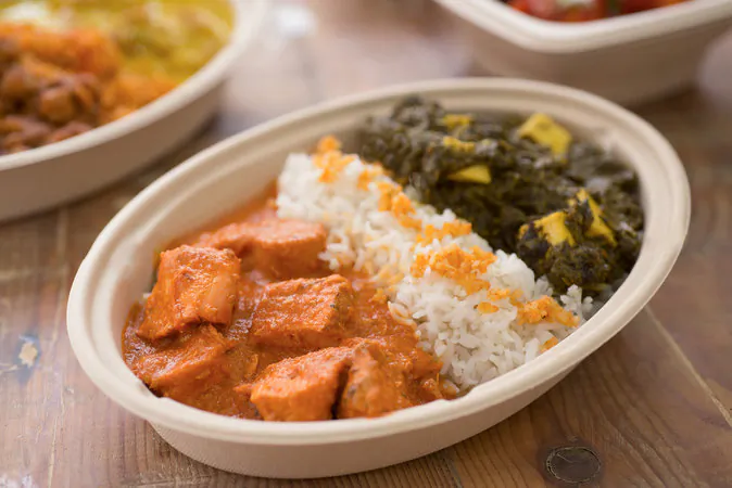 Chicken Tikka Masala, Saag Paneer, served with rice. (Courtesy of Baluchi's Fresh)