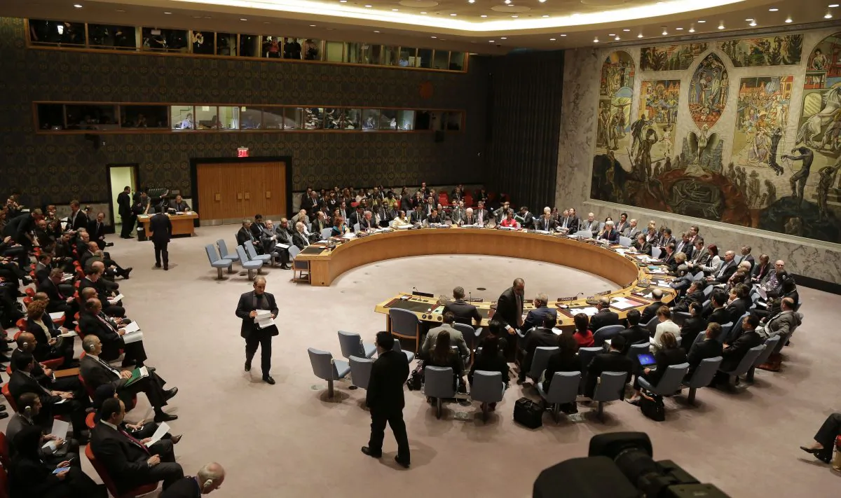 Members of the United Nations Security Council meet at UN headquarters to discuss the Islamic State group's atrocities in Iraq and Syria, on Sept. 19, 2014. (AP Photo/Julie Jacobson)