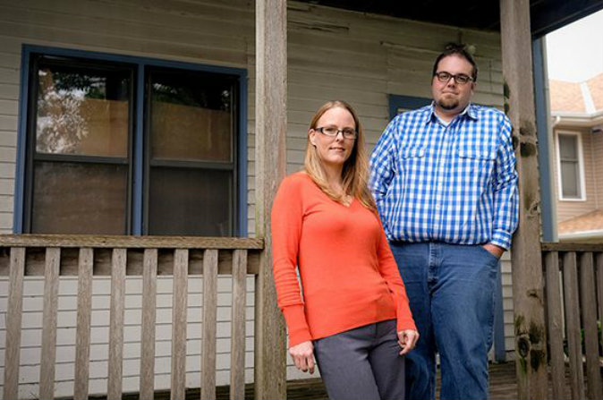 For Cassandra Rose and Conrad Goetzinger, shown on the porch of their home in Omaha, Neb., wage garnishments are the single largest expense in their budget. (Eric Francis/AP for ProPublica)