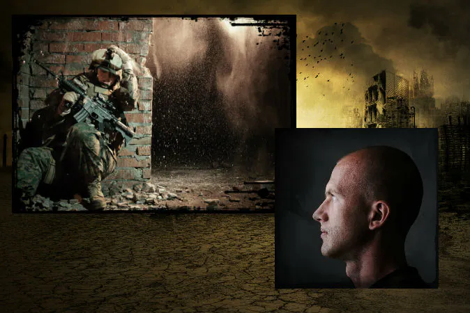 File images of a soldier in war and a man gazing. (Shutterstock*) Background: An illustration of a war-torn area. (JM Gehrke/iStock/Thinkstock)