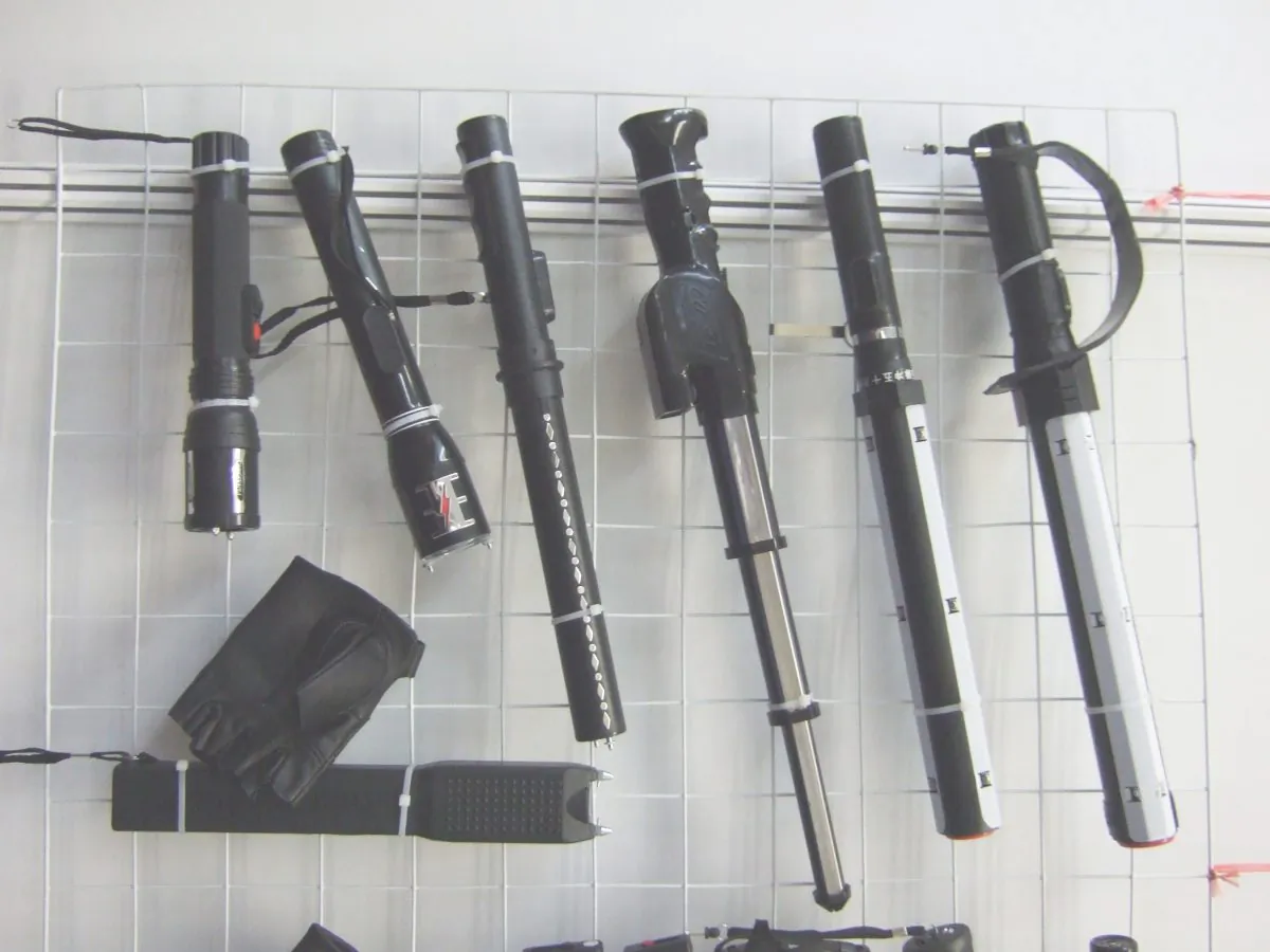 Chinese electric shock stun batons, on display at the Jiangsu AnHua Police Equipment stand at China Police, 2008. A new report by Amnesty International documents the international trade in Chinese-made torture instruments. (Robin Ballantyne)
