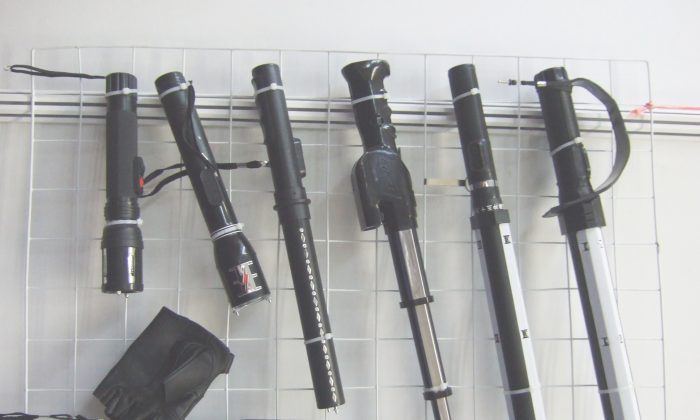 Chinese electric shock stun batons, on display at the Jiangsu AnHua Police Equipment stand at China Police, 2008. A new report by Amnesty International documents the international trade in Chinese-made torture instruments. (Robin Ballantyne)