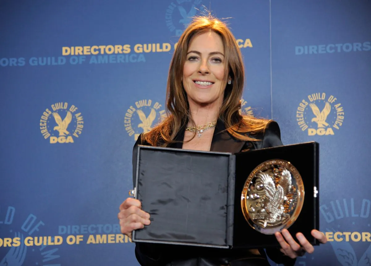 Kathryn Bigelow poses backstage with her feature film nomination plaque for "Zero Dark Thirty" at the 65th Annual Directors Guild of America Awards at the Ray Dolby Ballroom on Saturday, Feb. 2, 2013, in Los Angeles. (Photo by Chris Pizzello/Invision/AP)
