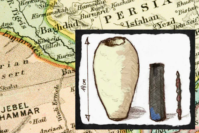Right: An illustration of a  Baghdad battery from museum artifact pictures. (Ironie/Wikimedia Commons) Background: Map of area surrounding present-day Baghdad, Iraq. (Cmcderm1/iStock/Thinkstock)