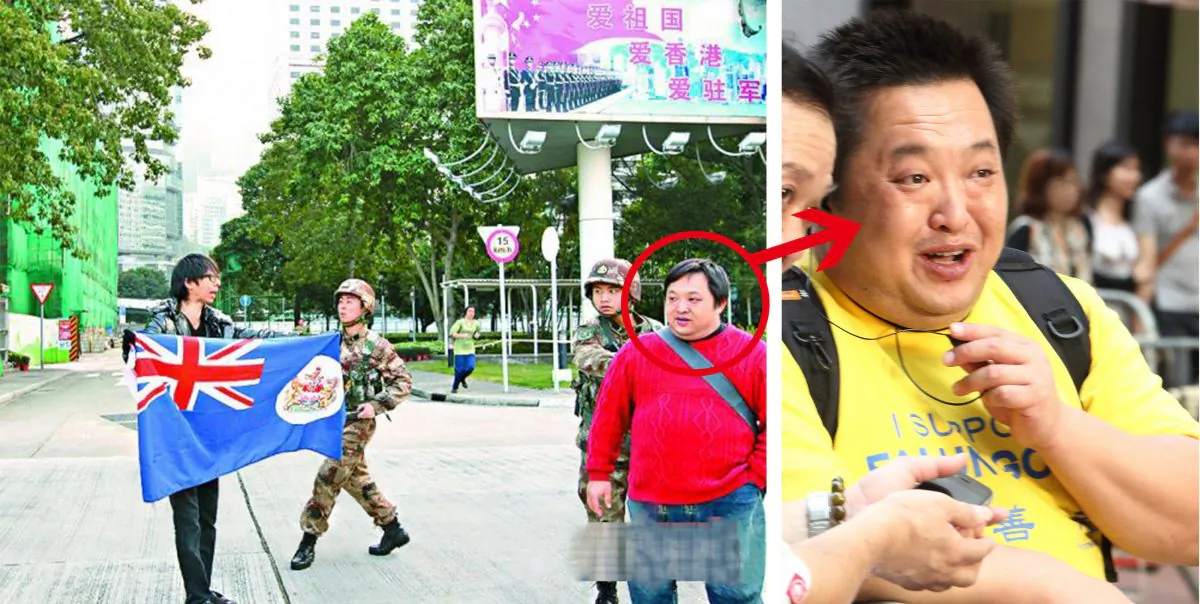 Dickson Cheung Han-yin and other members of Hongkongers Come First broke into the People’s Liberation Army garrison to protest (L). Cheung was also spotted on the street pretending to be a Falun Gong practitioner in an effort to portray Falun Gong in an internal conflict on Sept. 20, 2014 (R). (Epoch Times composite photo)