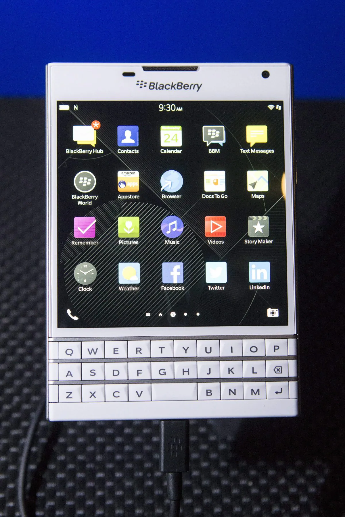 The new BlackBerry Passport device stands on display at its launch in Toronto on Sept. 24, 2014 (The Canadian Press/Chris Young)